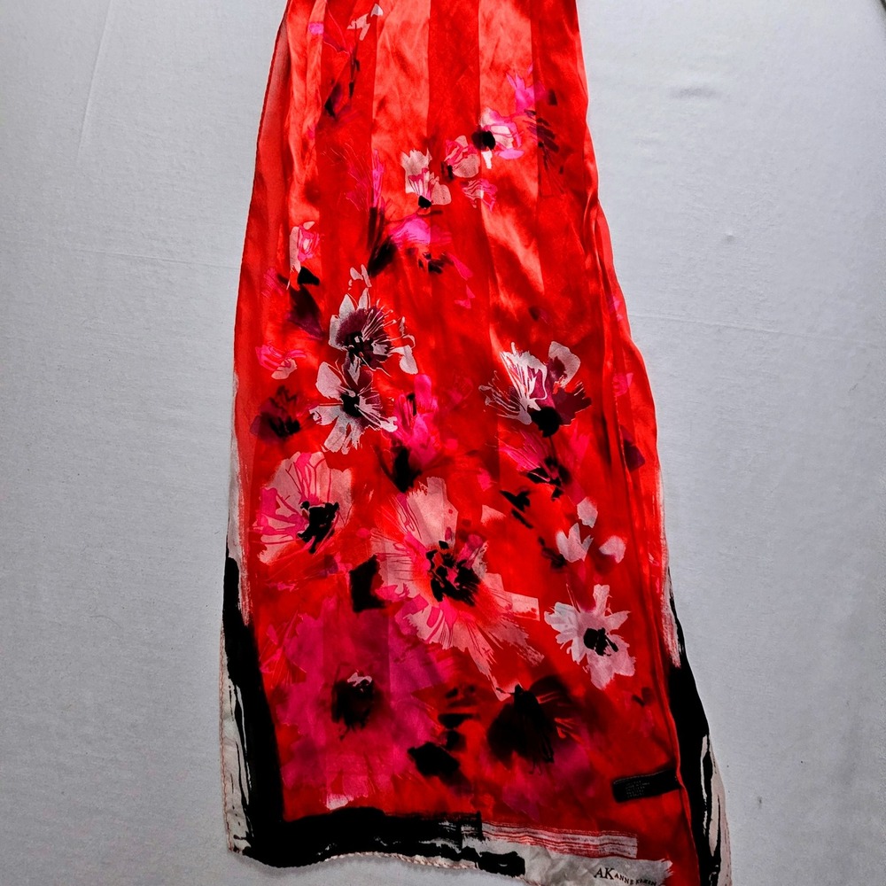 Anne Klein Red Floral 100% Silk Oblong Scarf Black White Border RN 67508